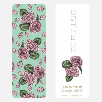 marque-page illustré-camélias-vintage-format poche-vert et rose