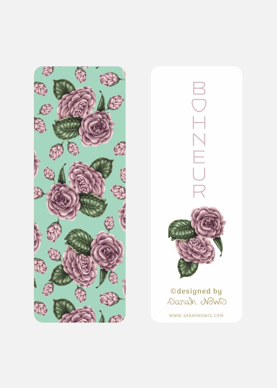 marque-page illustré-camélias-vintage-format poche-vert et rose