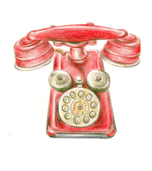 illustration rétro vintage d'un téléphone rouge ancien réalisé aux crayons de couleurs